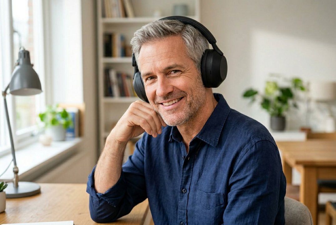 Mand med hovedtelefoner der også bruger høreaparat